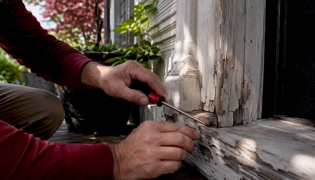 Close-up hands inspecting exterior wooden millwork for damage