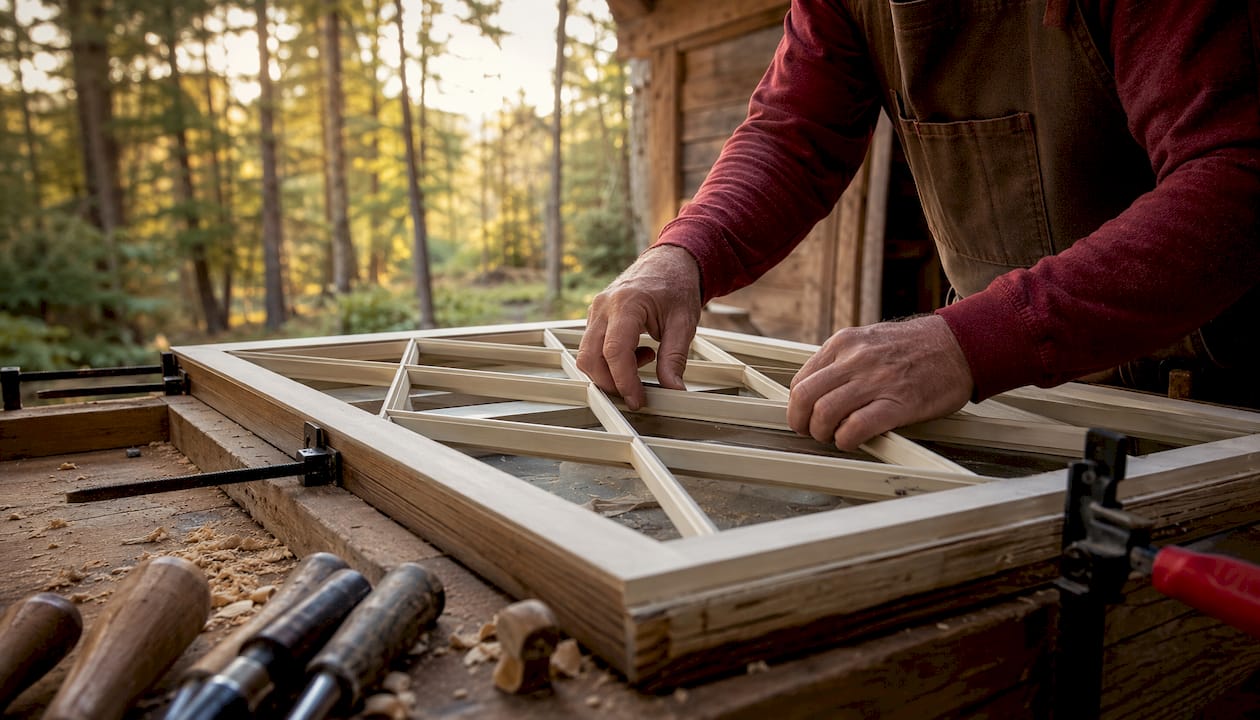 Hands installing diamond muntin wood frame on window sash