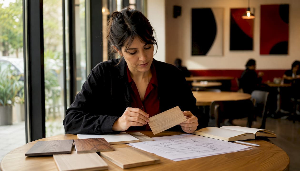 Architect reviewing wood door material samples and specs