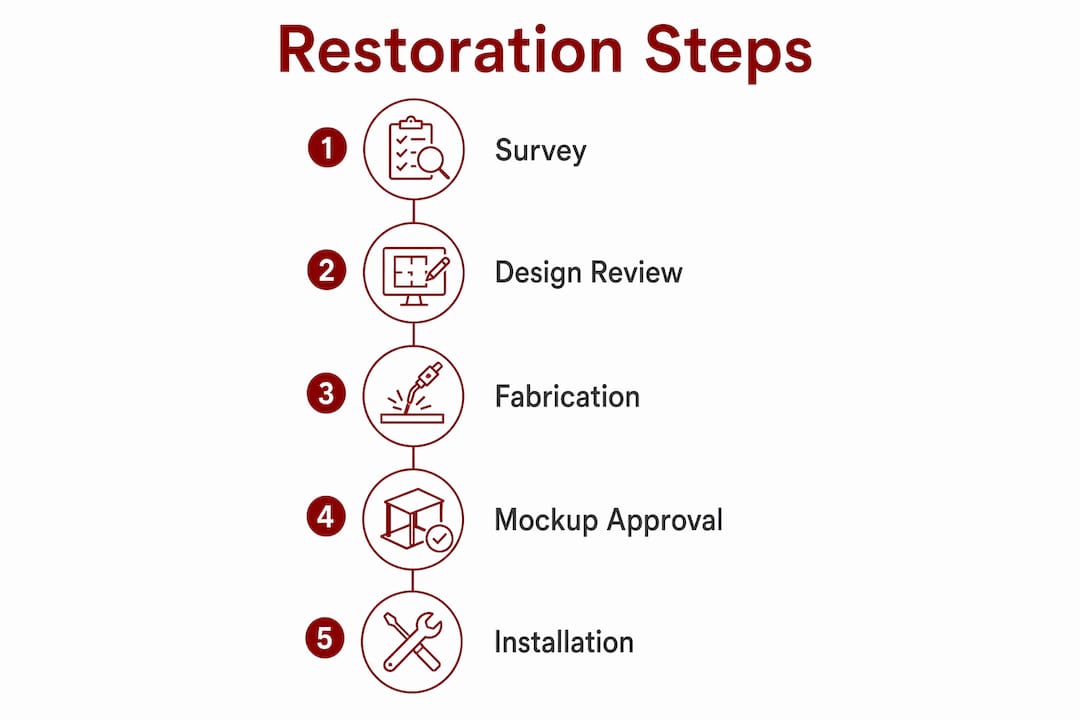 Infographic illustrating five restoration steps for monumental doors