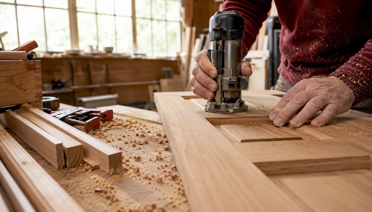 Hands sanding wood profile on combination storm door