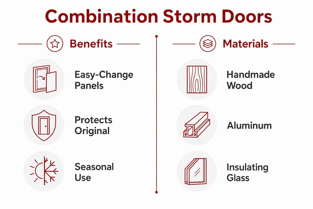 Infographic comparing benefits and materials of combination storm doors