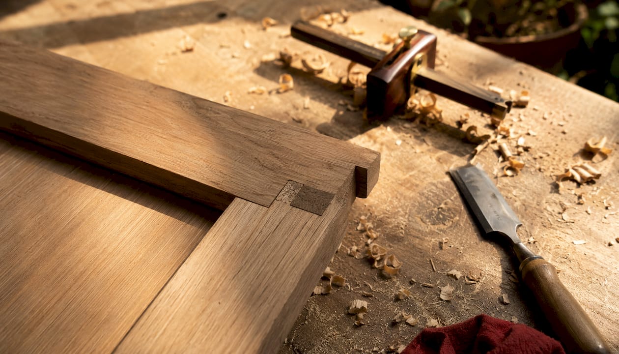 Close-up of mortise-and-tenon joinery on door