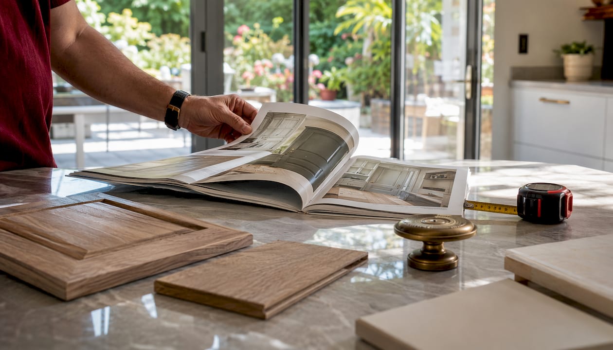 Person reviewing millwork door catalog