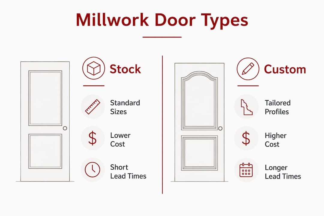 Infographic comparing stock and custom millwork doors