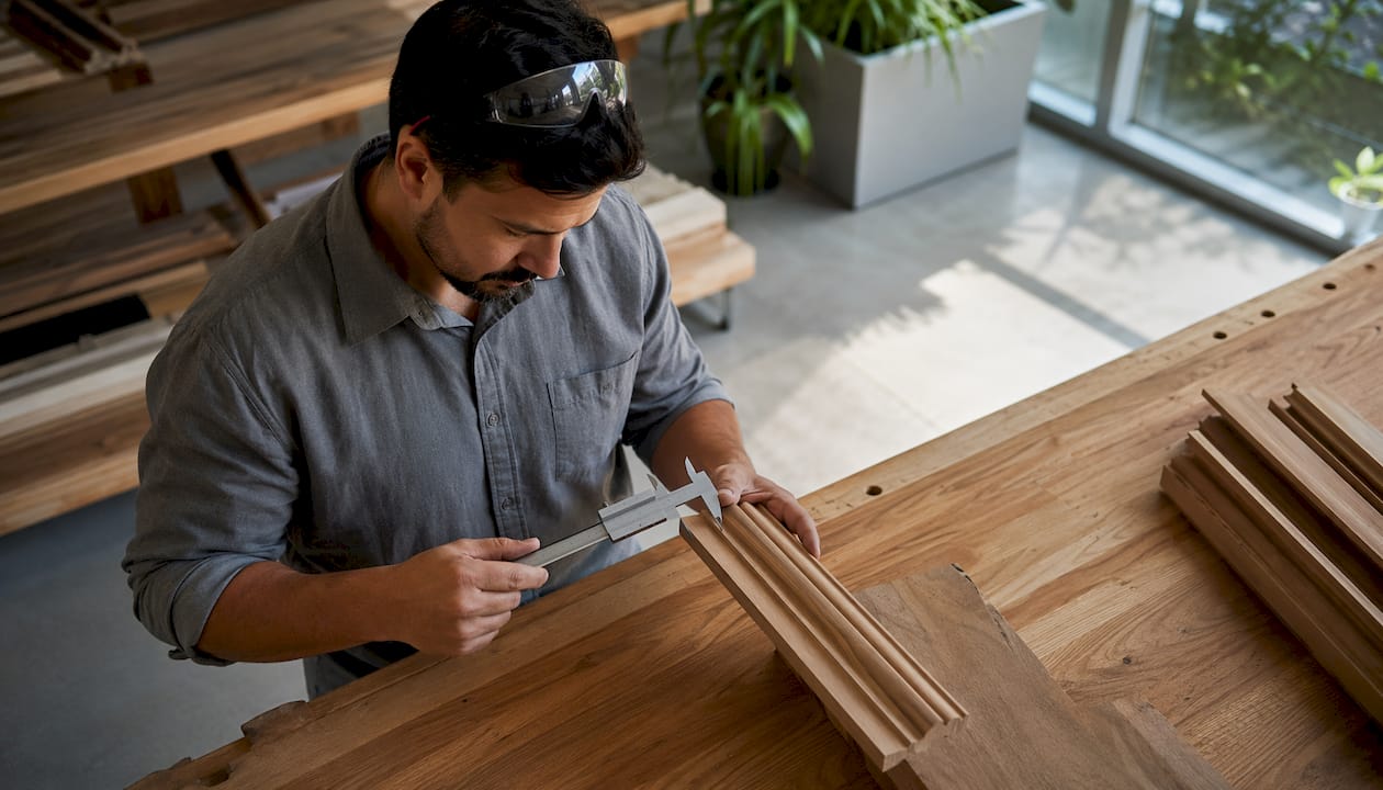 Millworker measuring custom wood molding profile