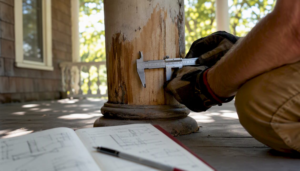 Hands measuring and documenting porch column damage