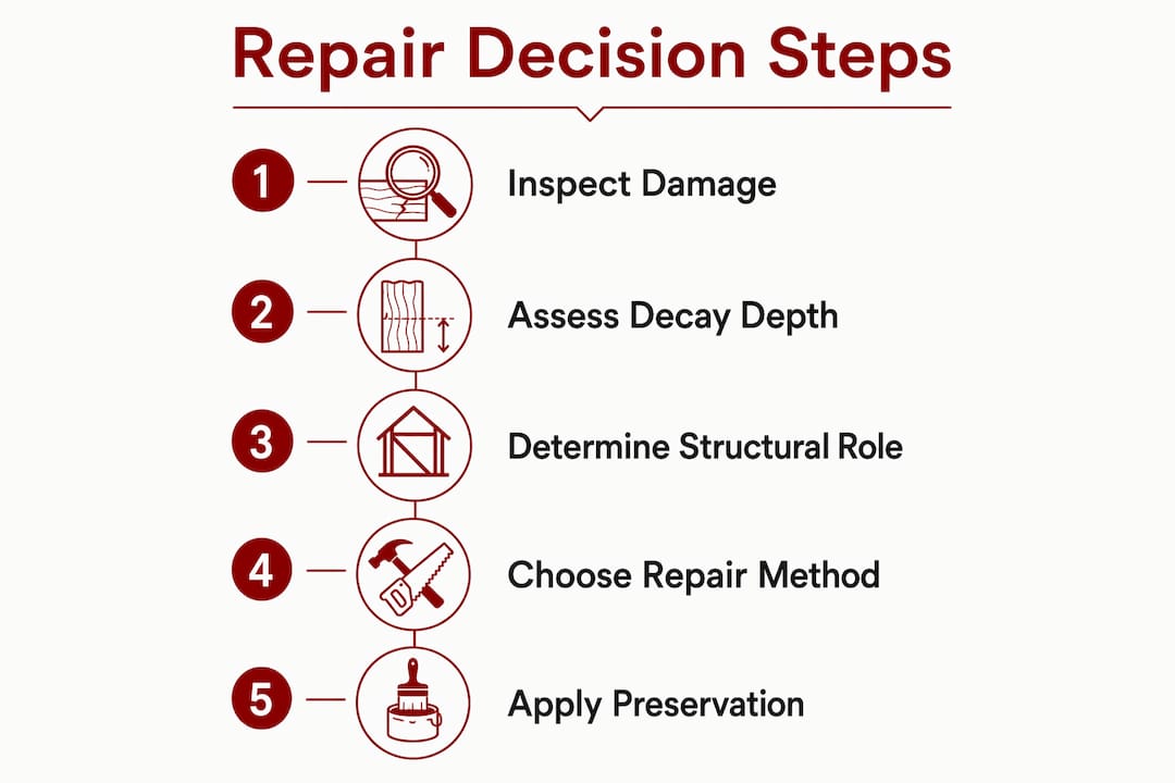 Infographic illustrating steps to decide porch column repair