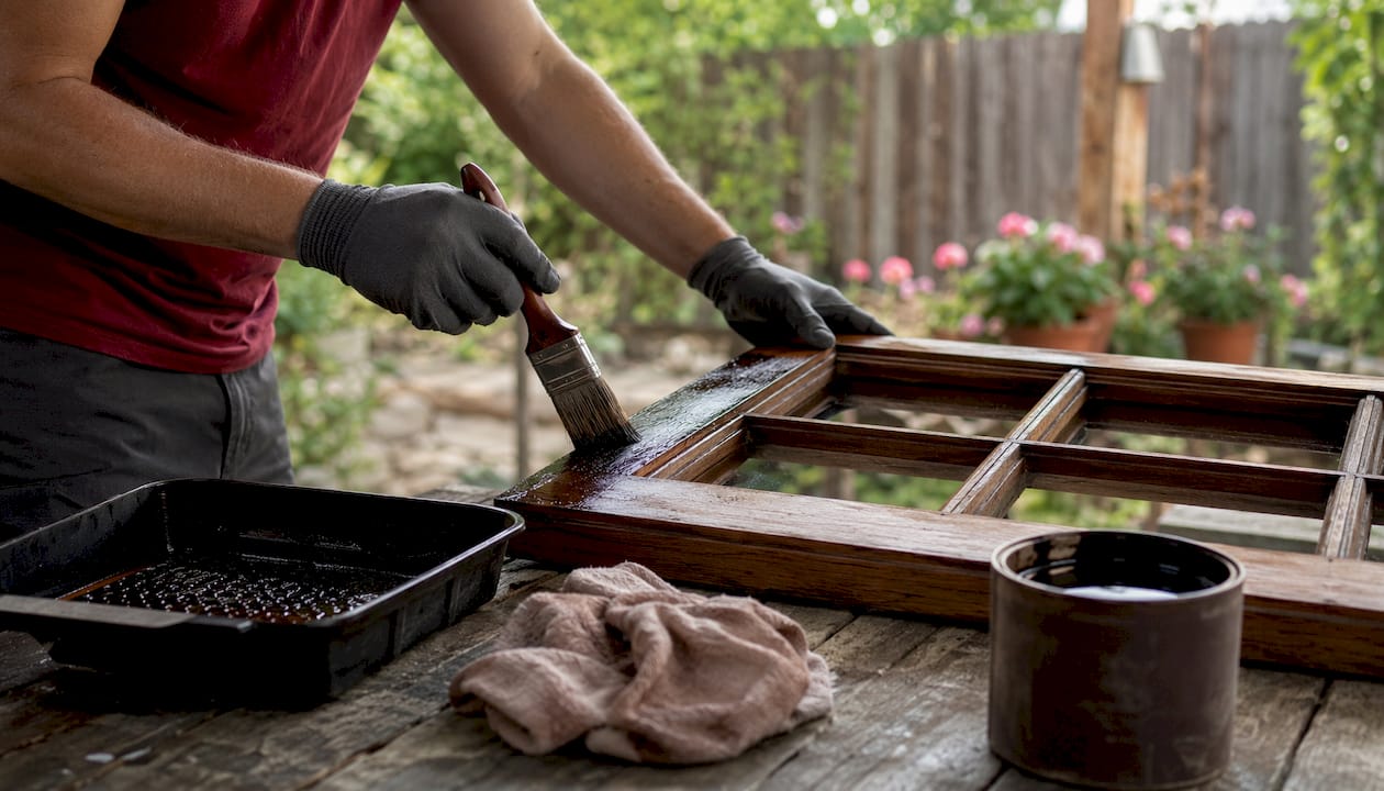 Craftsman's hands sanding wood window frame