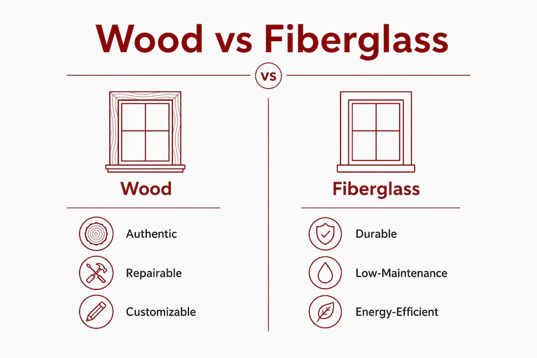 Infographic comparing wood and fiberglass window features