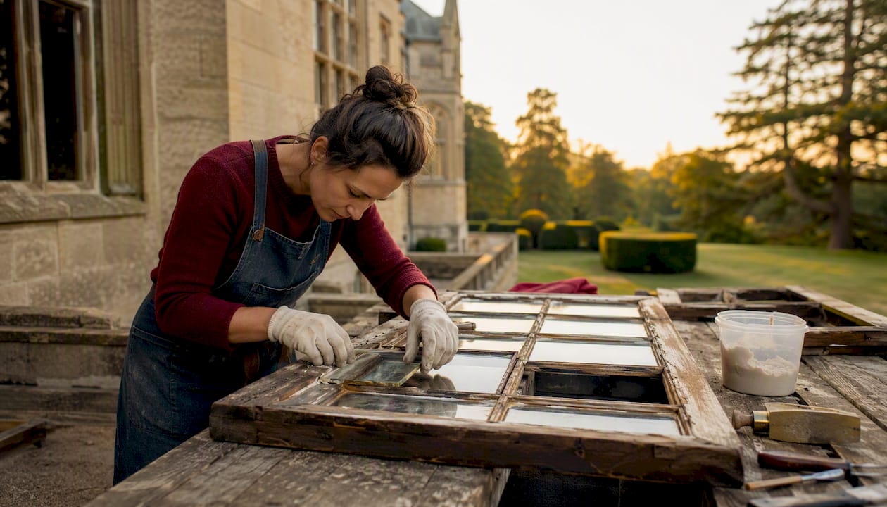 Hands removing glass from historic window frame