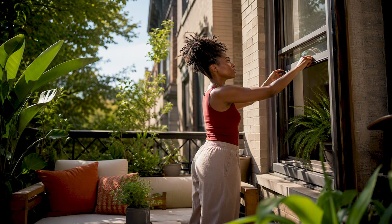 Woman opening top sash for ventilation in kitchen window