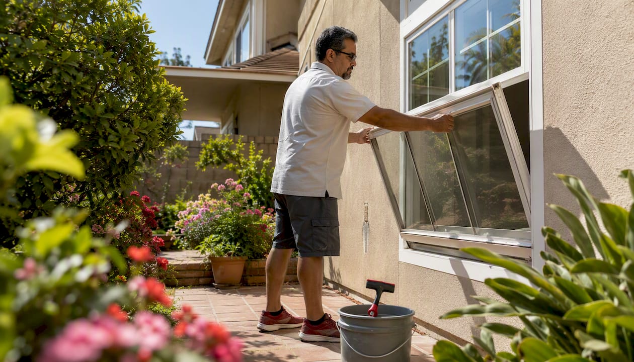 Man cleaning double-hung exterior window