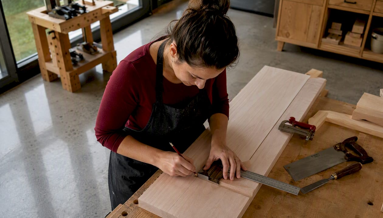 Woman marking wood panel with combination square