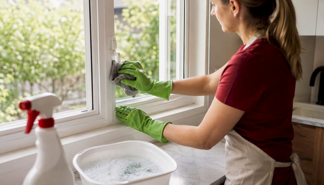 Hands cleaning vinyl window frame outdoors
