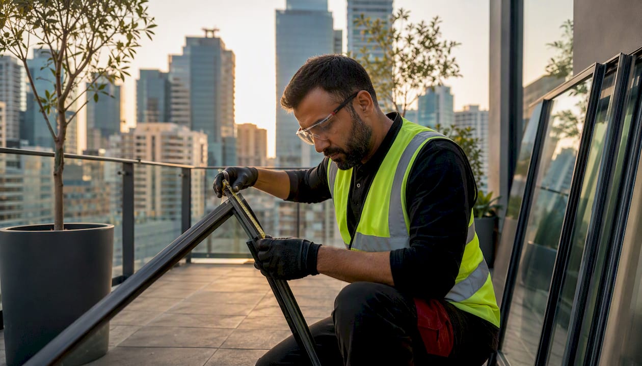 Window installer measuring wooden window frame on house exterior