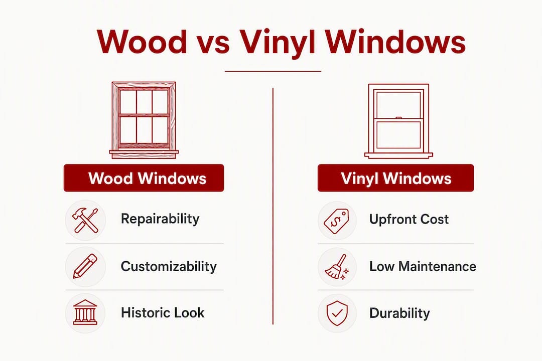 Infographic comparing wood and vinyl window features