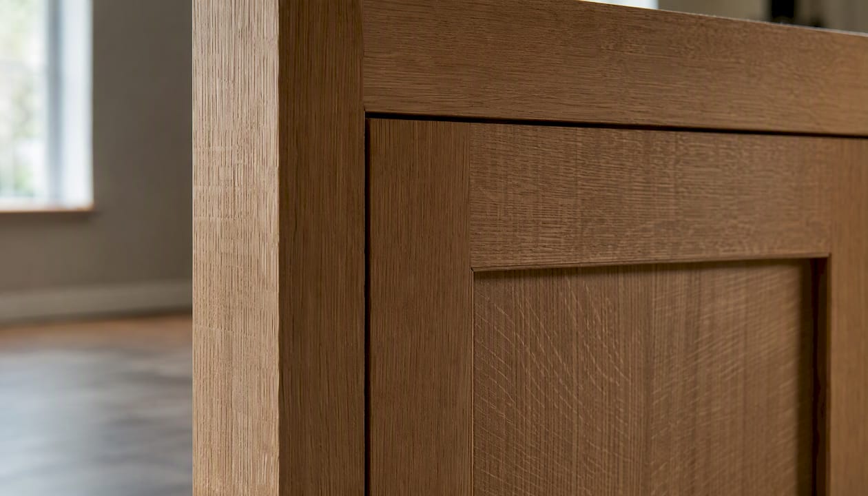 Quarter-sawn white oak door panel grain close-up