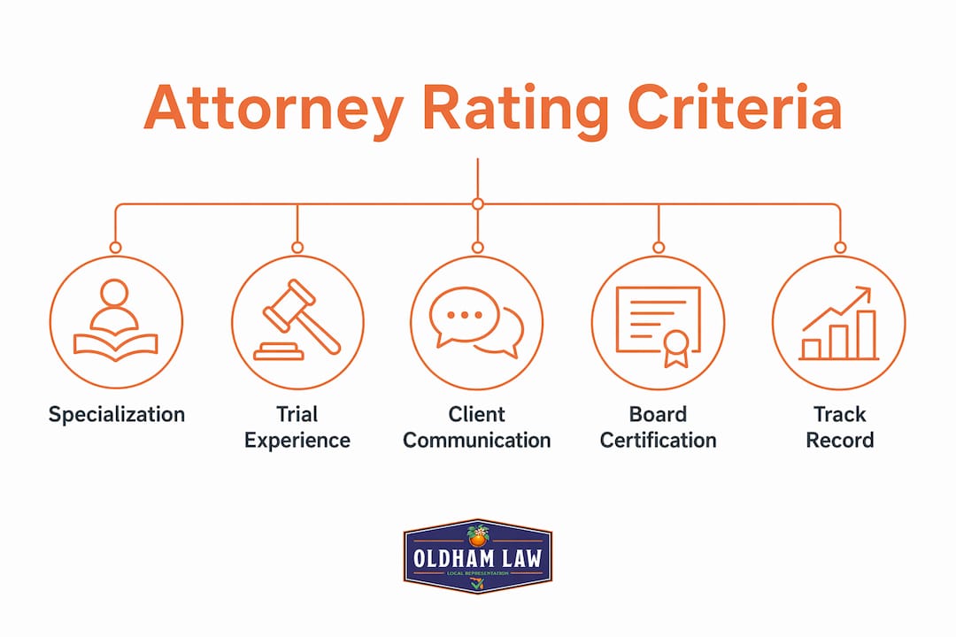 Infographic illustrating key criteria for best rated attorneys