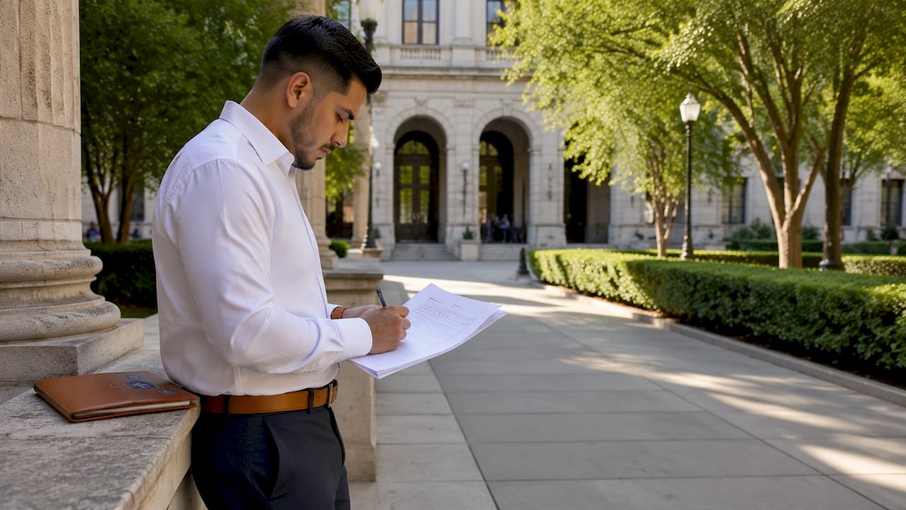 Person preparing foreclosure paperwork at courthouse
