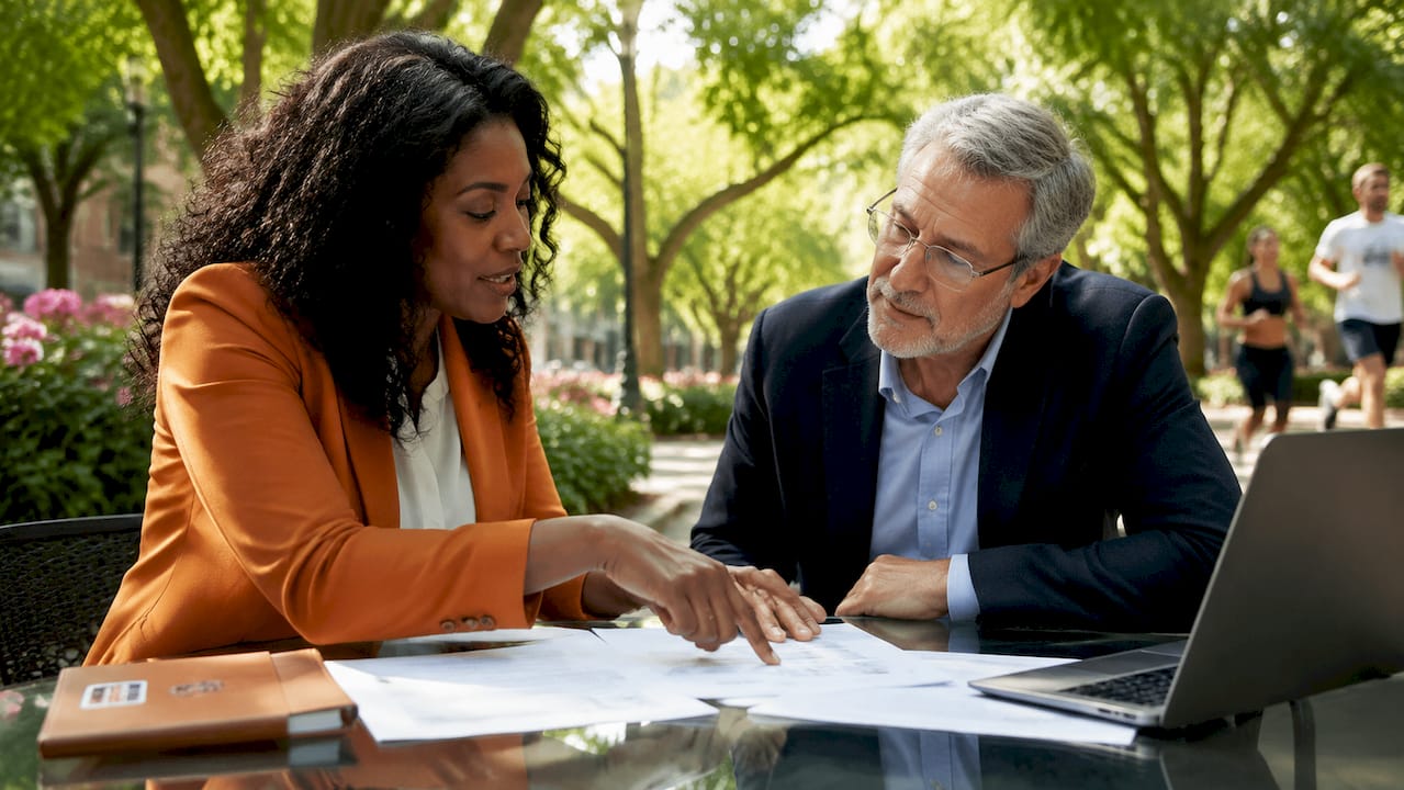 Couple discussing title insurance coverage at café table