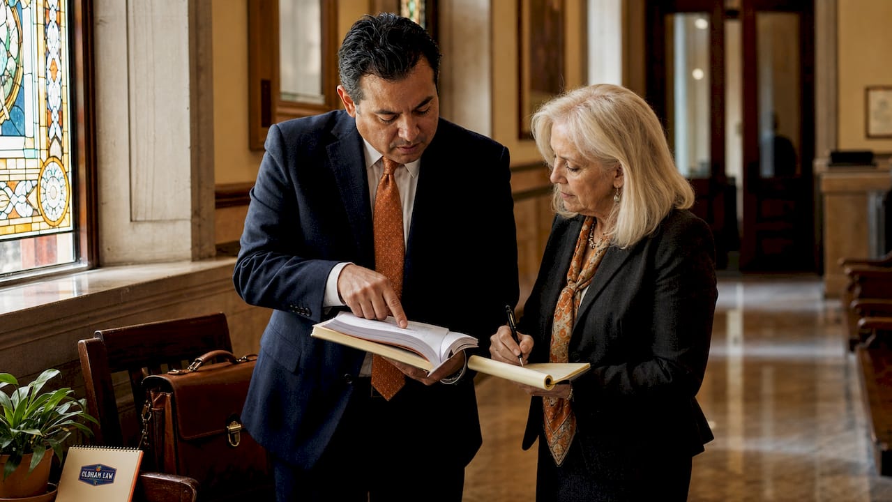 Two lawyers reviewing contract briefs in courthouse