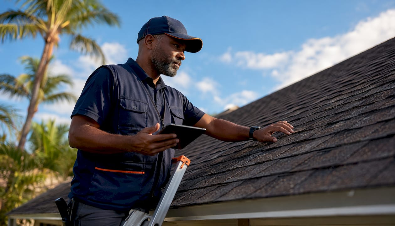 Home inspector examining foundation crack outdoors