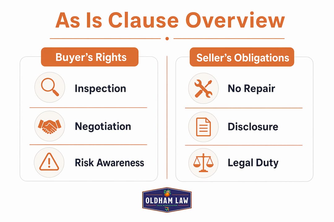 Infographic contrasting buyer rights and seller obligations under as is clause