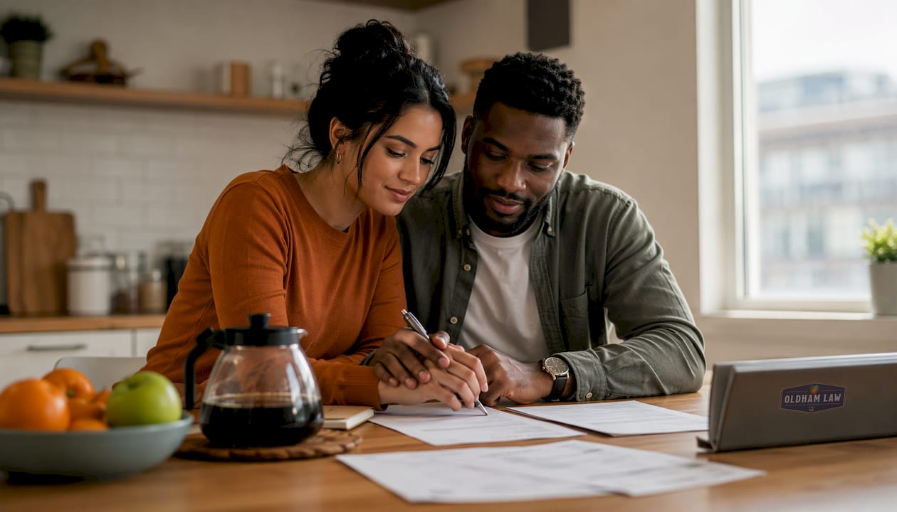 Couple signing joint property ownership papers