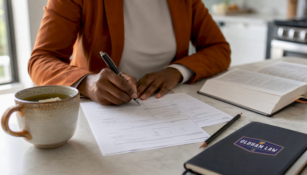 Hands completing Florida probate paperwork at home