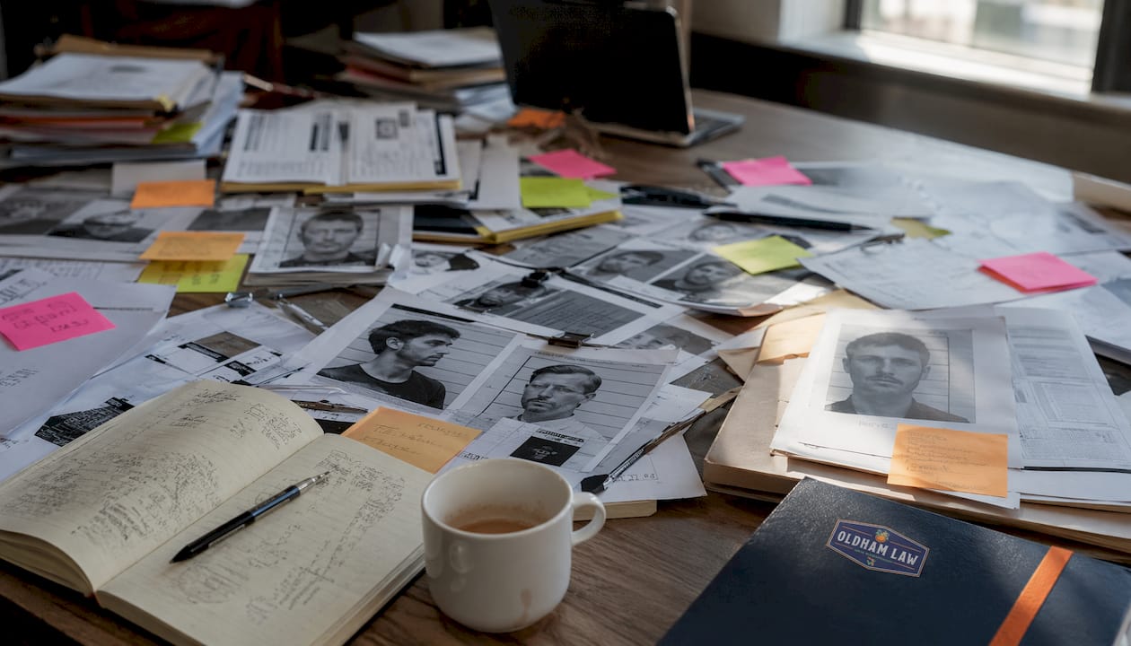 Overhead view of workspace with mugshot photos