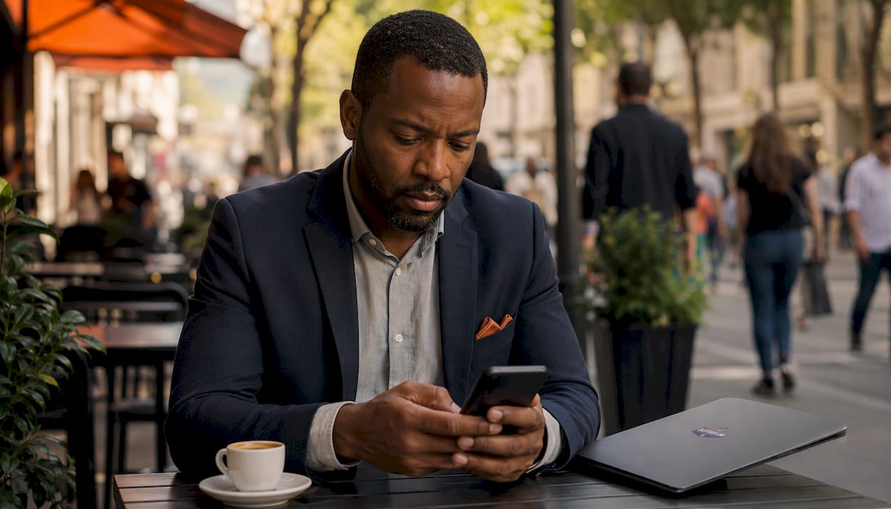 Man using smartphone for search engine removal