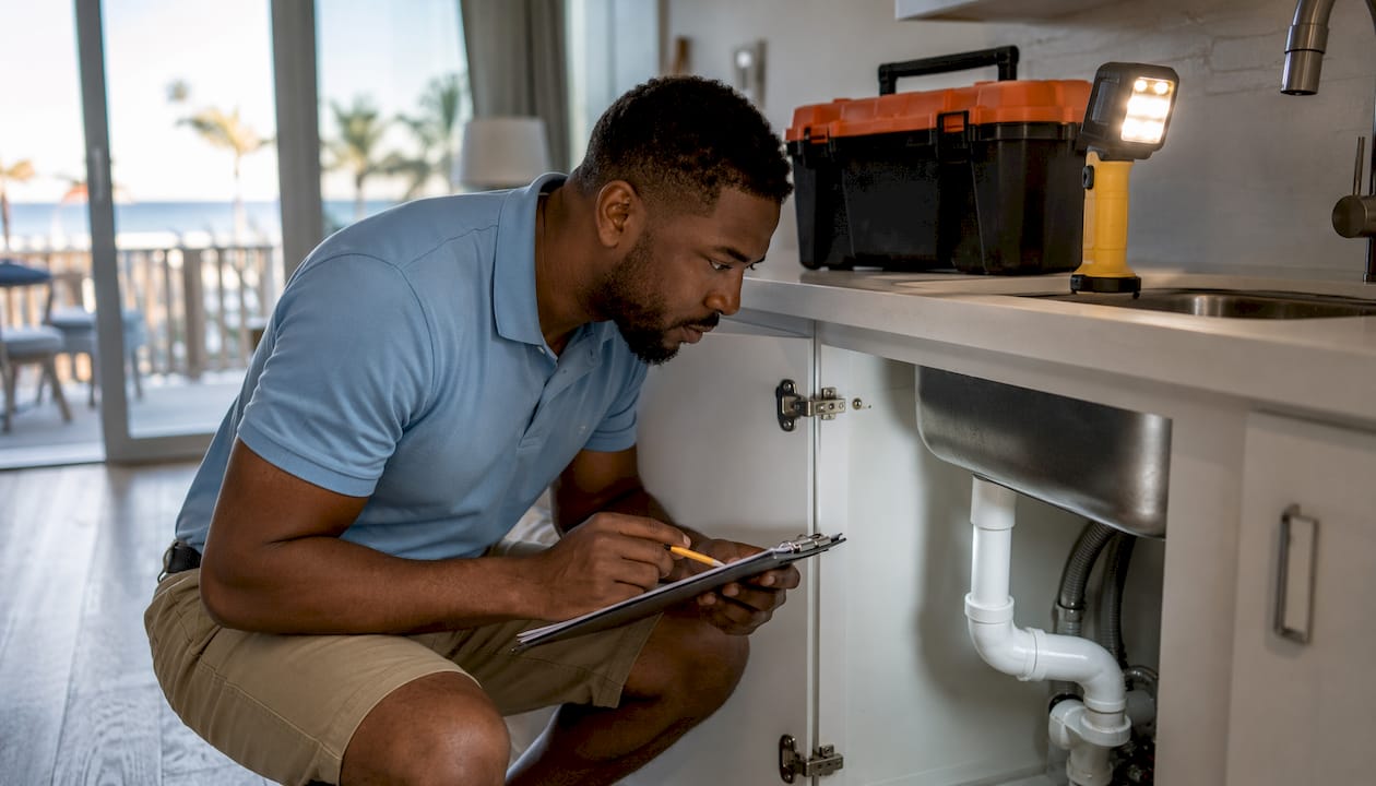Inspector checking plumbing in Florida home
