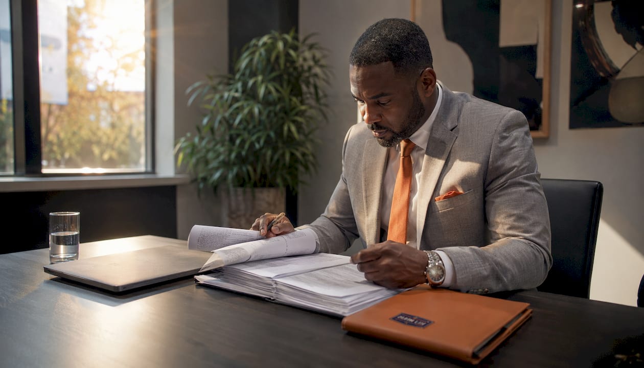 Hands flipping property title search documents