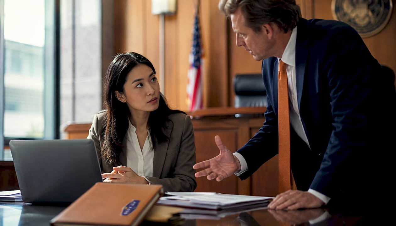 Defendant and prosecutor in courtroom negotiation