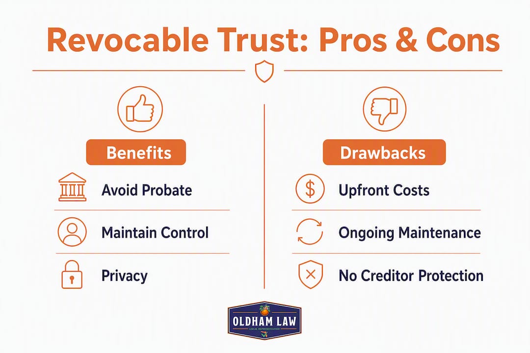Infographic illustrating benefits and drawbacks of a revocable trust