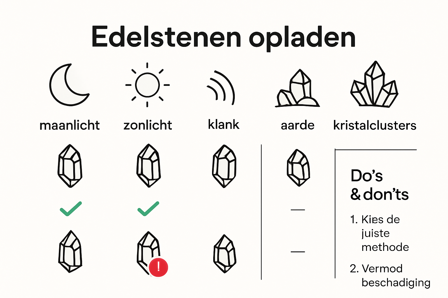 Infographic over edelstenen opladen methoden en fouten
