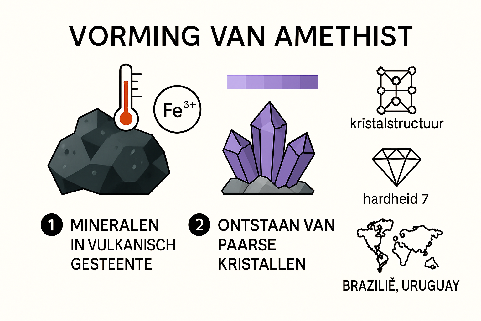 Infographic over geologische vorming en eigenschappen van amethist