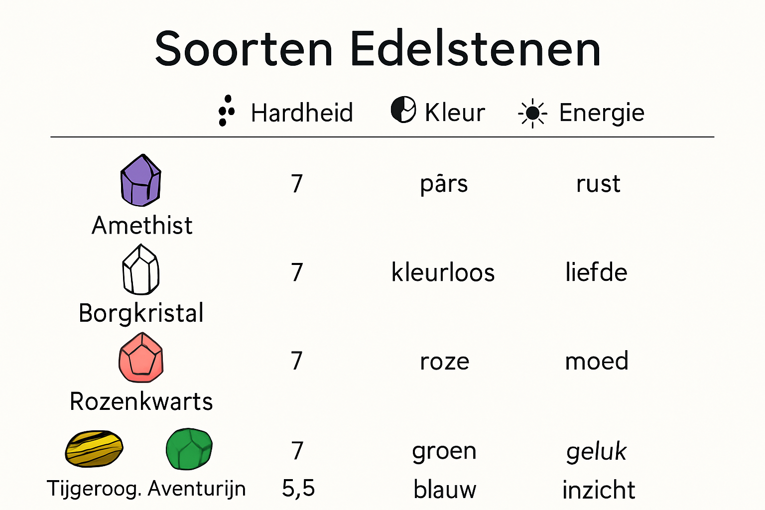 Infographic with gemstone types, properties, and spiritual uses.