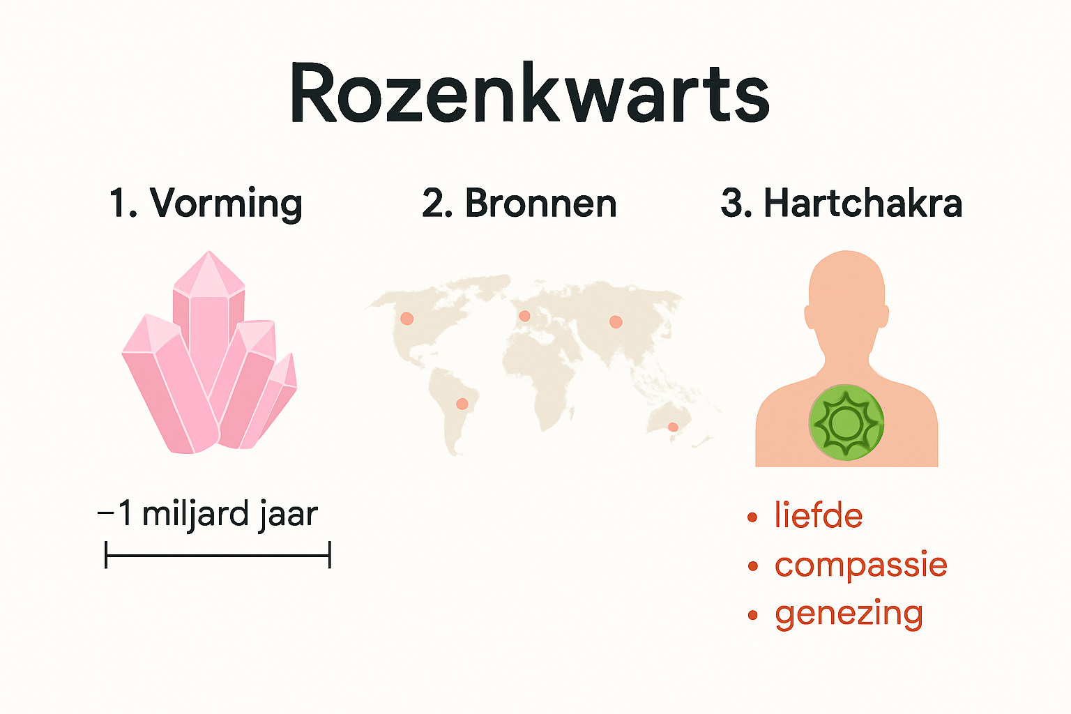 Infographic over herkomst en spirituele betekenis van rozenkwarts