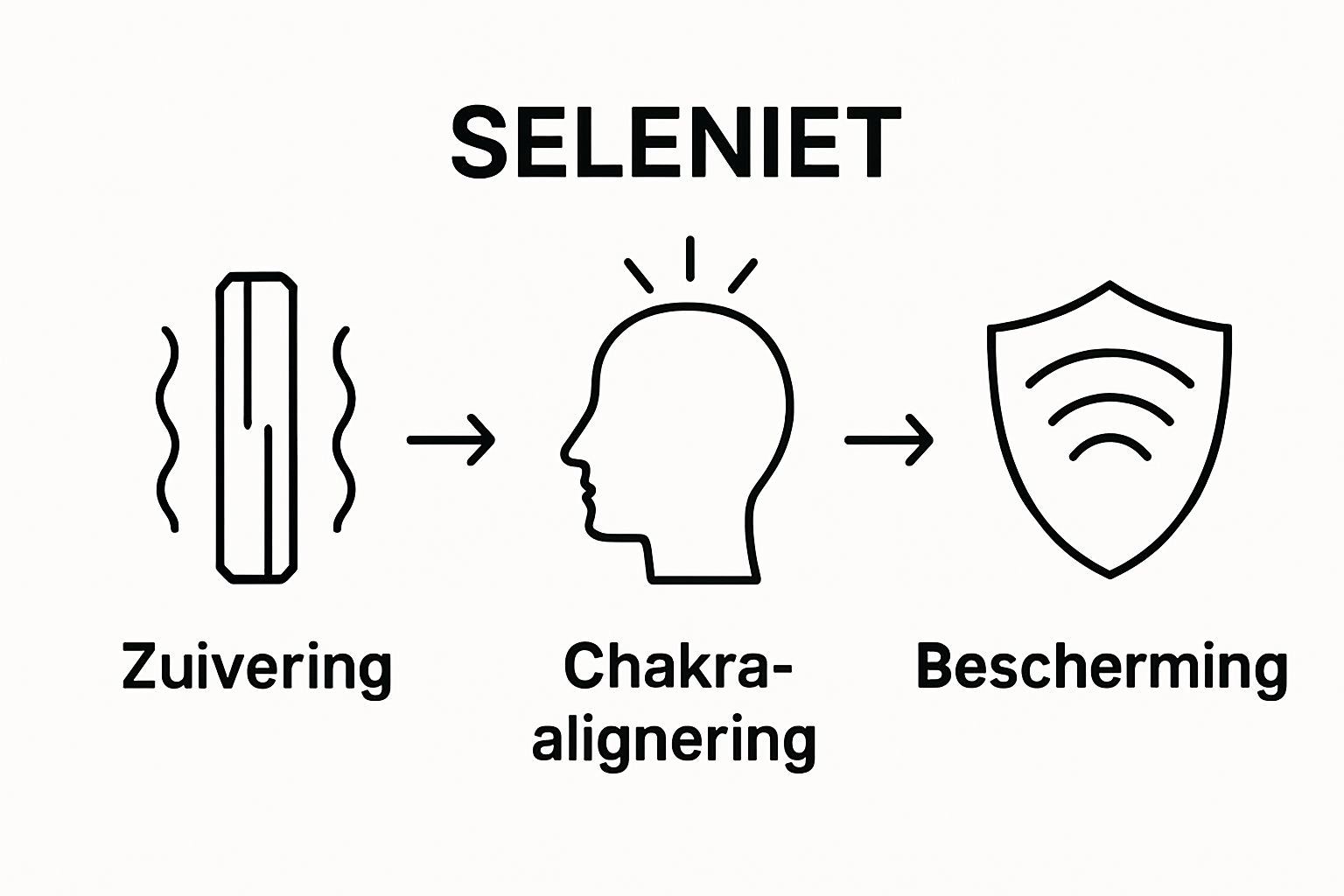 Infographic met zuivering, chakra opening, bescherming door seleniet