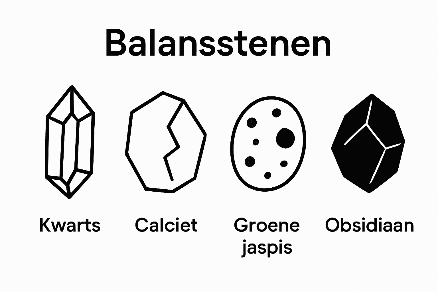 Infographic met vier iconen van balans steencategorieën: kwarts, calciet, jaspis, obsidiaan