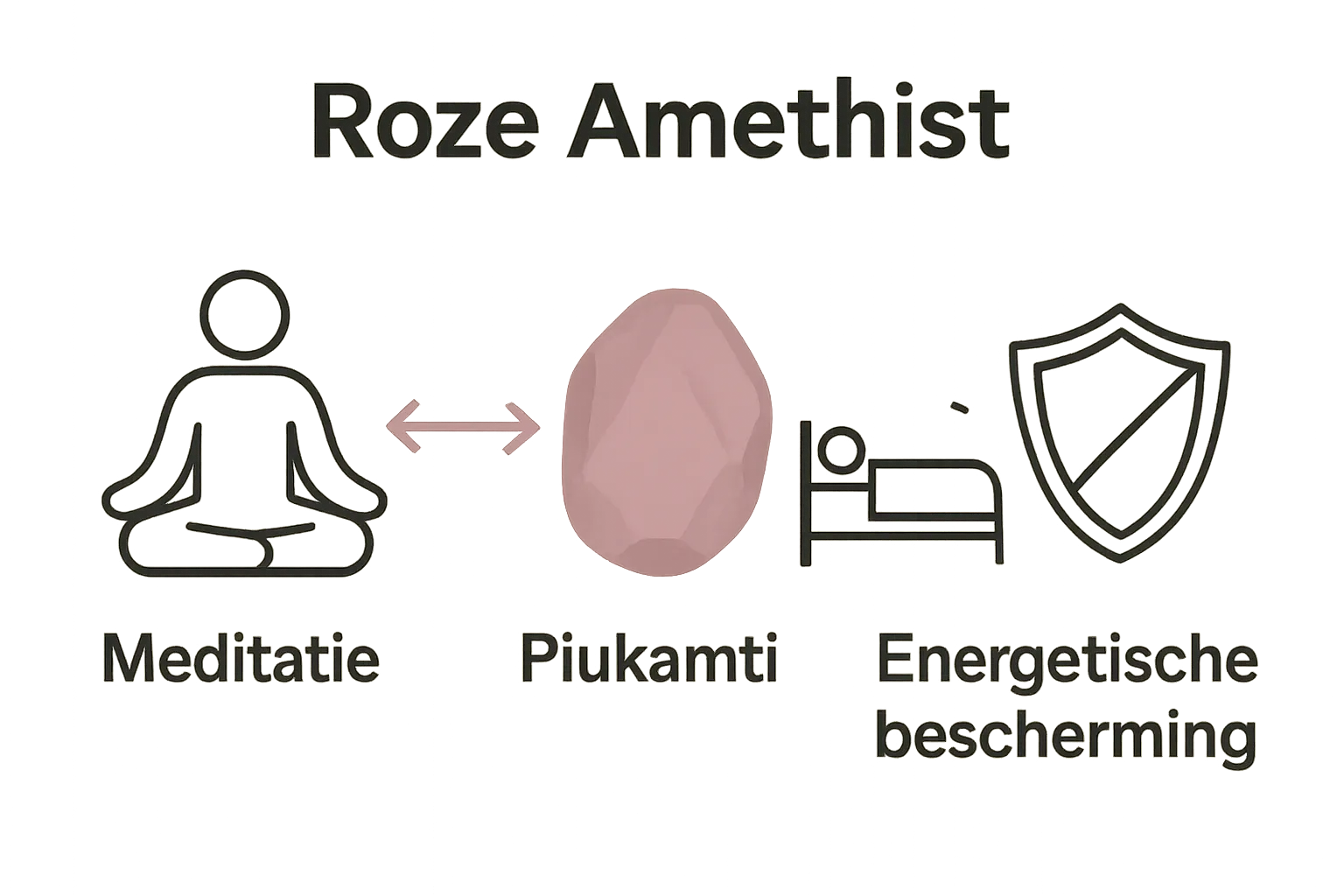 Infographic met pictogrammen meditatie, slaap en bescherming bij roze amethist