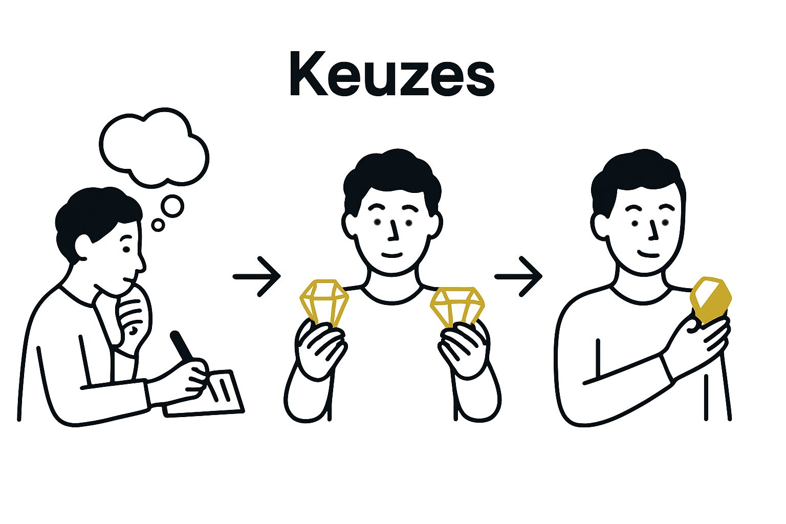 Infographic met drie stappen om de juiste edelsteen te kiezen: intentie bepalen, stenen onderzoeken, verbinden met de juiste steen.