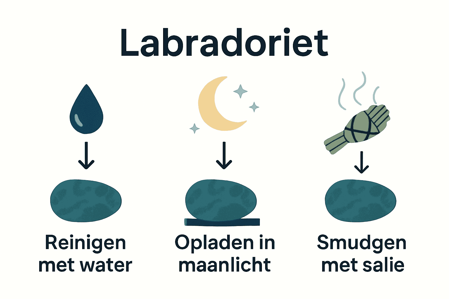 Infographic met drie labradoriet-reinigingsmethoden: water, maanlicht en smudgen.
