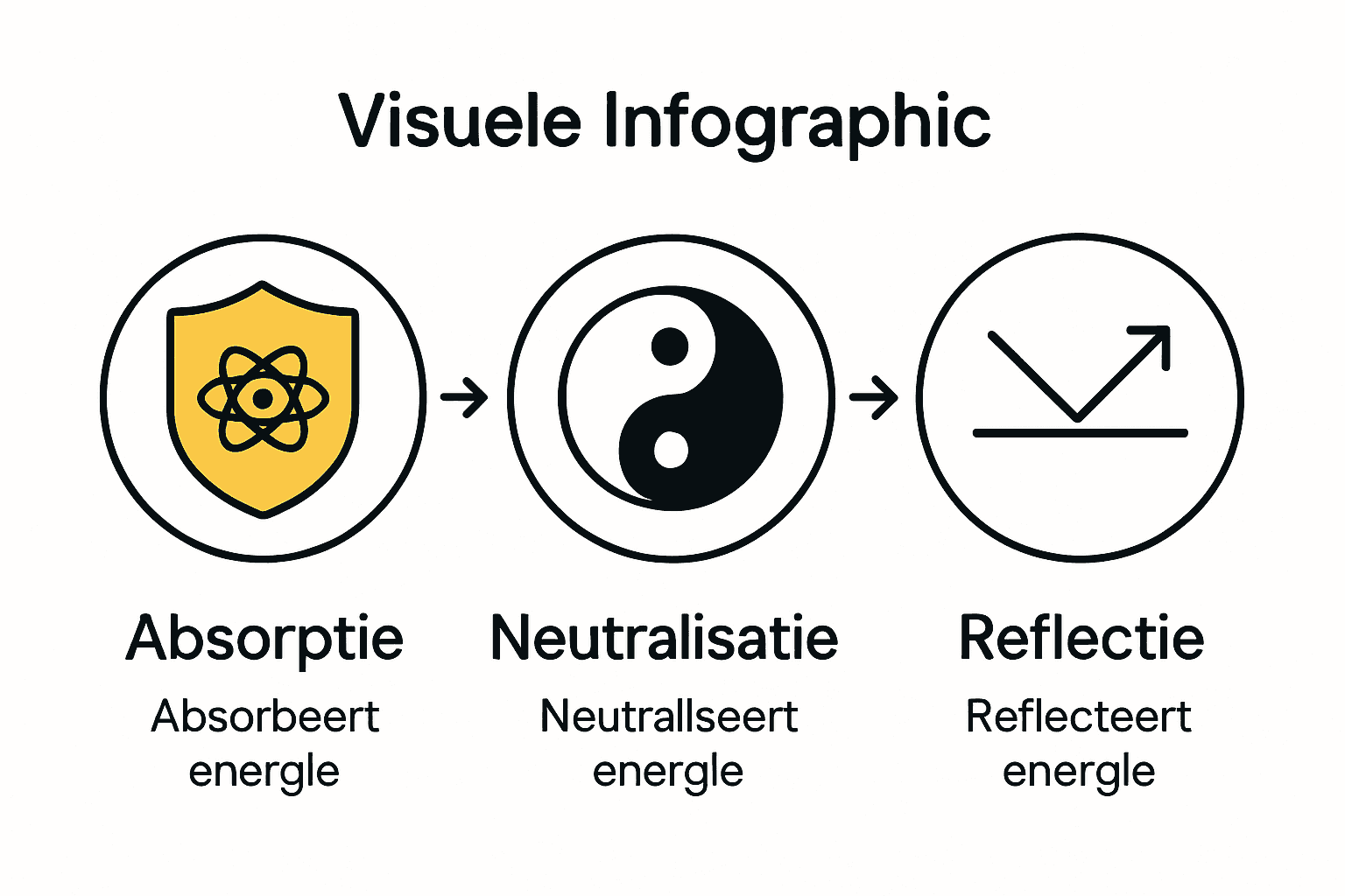 Infographic met drie processen van energetische bescherming door edelstenen: absorptie, neutralisatie en reflectie.
