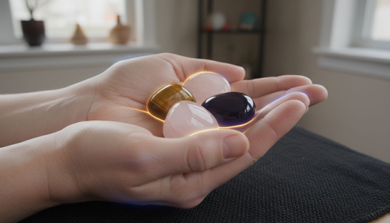 Hands holding glowing protective stones