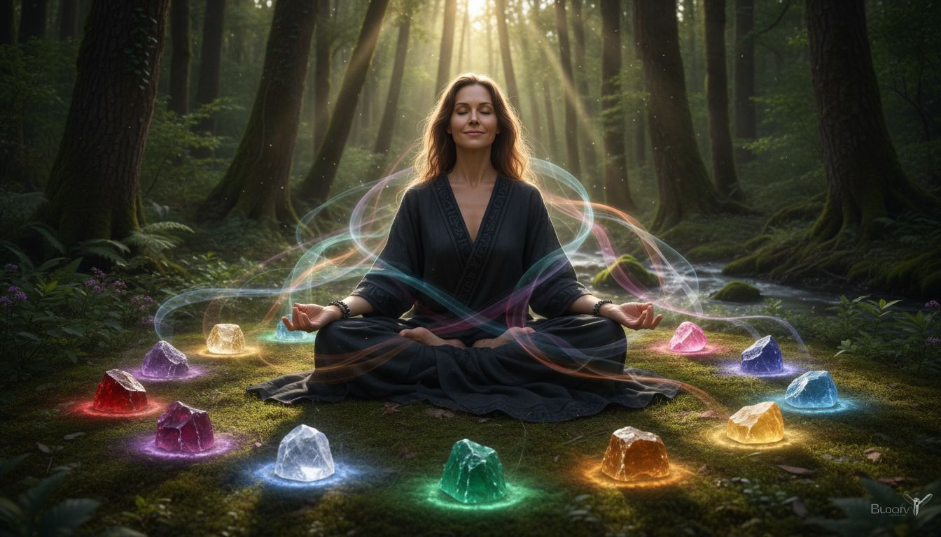 Person meditating among glowing birthstones