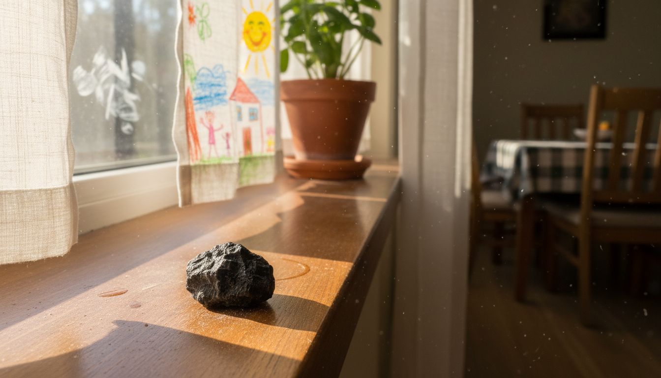 Black tourmaline stone on windowsill for protection