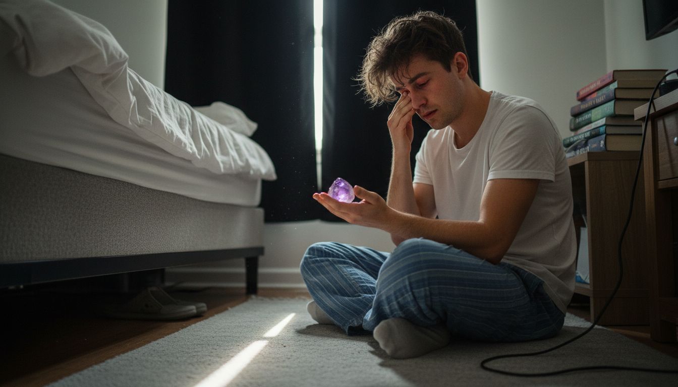Man with amethyst stone beside bed